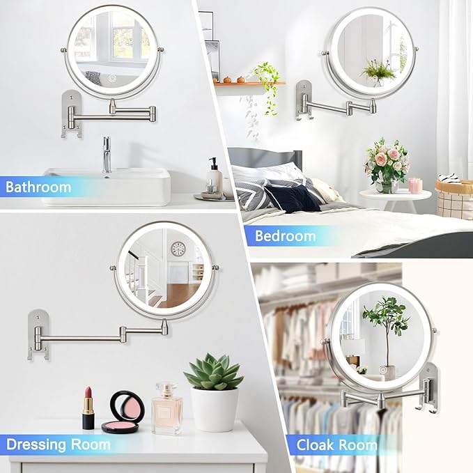 ALHAKIN 9" Wall Mounted Lighted Makeup Mirror, Rechargeable 1X/15X Magnifying Mirror with 3 Color Lights Dimmable, 360° Rotation, Nickel