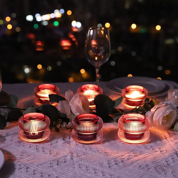 Woho Ribbed Votive Candle Holders Set of 6 for Wedding Decor, Vintage Tealight Candle Holder for Halloween/Thanksgiving, Glass Tea Lights Candle Holder for Dinner Table (Purple, 2.1" H X 2.75" D)