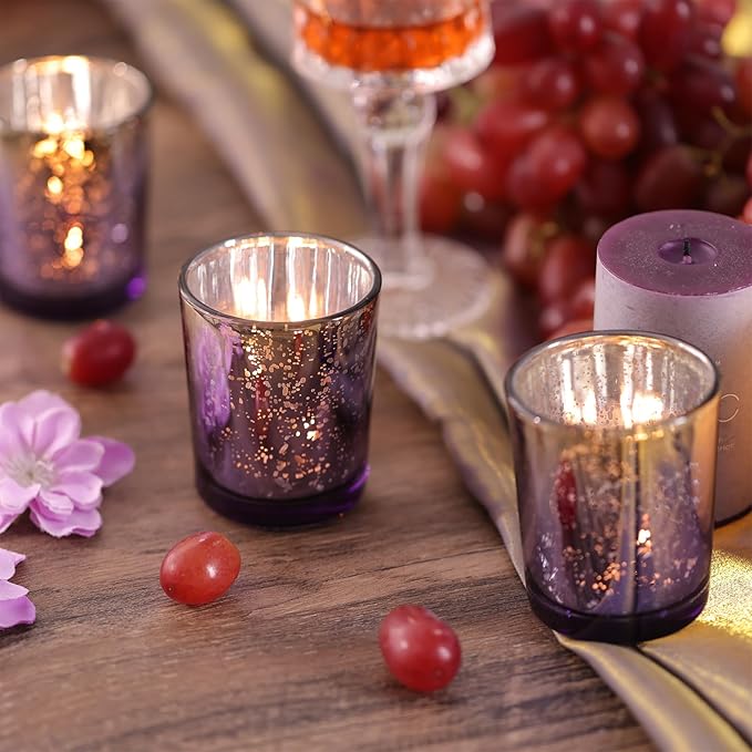 Volens Purple Votive Candle Holders Set of 12, Speckles Mercury Glass Tealight Candle Holder Bulk for Table Wedding Centerpiece, Purple and Gold Party Decorations & Home Decor