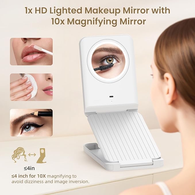 Travel Makeup Mirror with Lights, Foldable 1X Vanity Lighted Mirror with 10X Magnification, Rechargeable 1500mAh, Dimmable Touch Screen, Freely Adjust Height and Angle