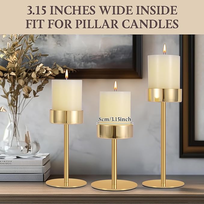 Pillar Candle Holders Set of 3, 3.15" Diameter Gold Metal Candlestick Holder for Pillar & Flameless Candles. Ideal Decoration for Table,Fireplace,Living,Dining Room,Perfect for Wedding,House Gift.