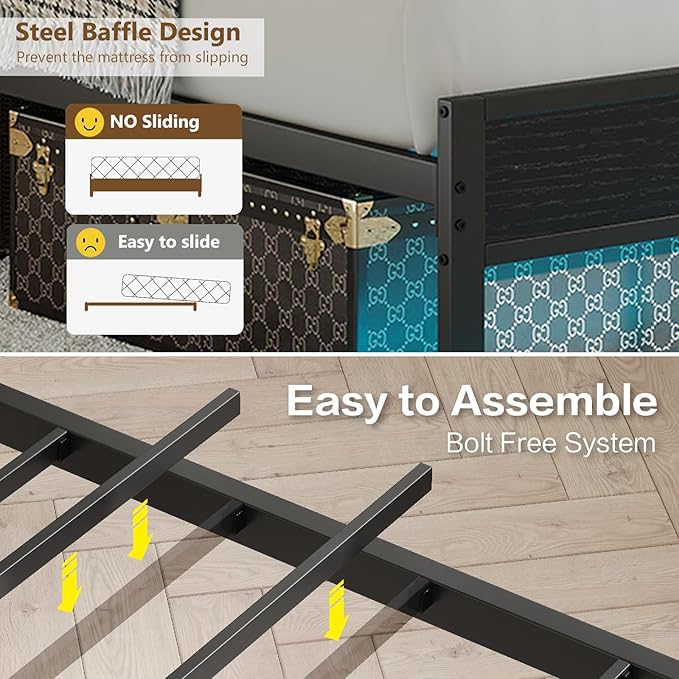 Queen Size Bed Frame with Charging Station and LED Lights, Metal Bed Frame with Headboard, Black Upholstered Headboard with 2-Tier Storage Shelves, Noise Free, No Box Spring Needed