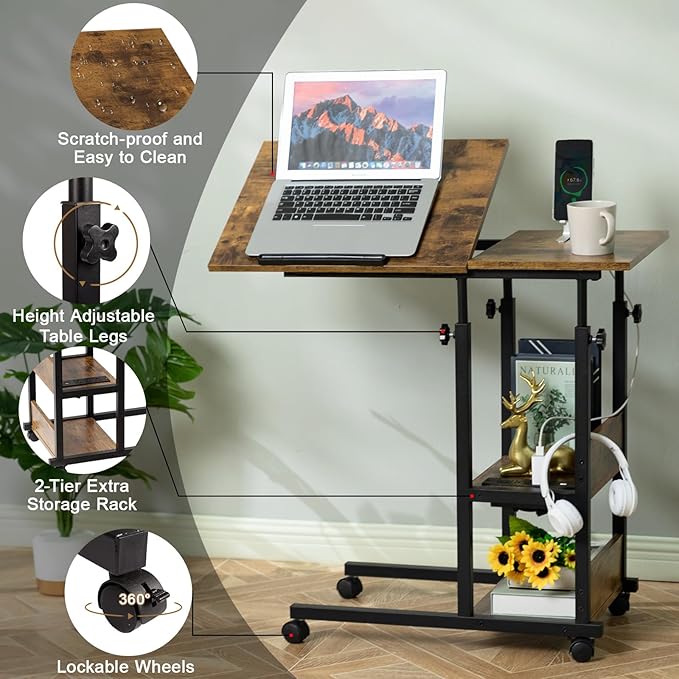 Hadulcet Adjustable C Table with Charging Station, Tiltable Desk C Shaped End Table for Couch, Over Bed Table with Wheels Adjustable Height, Hospital Table Laptop Stand Drawing Desk, Rustic Brown
