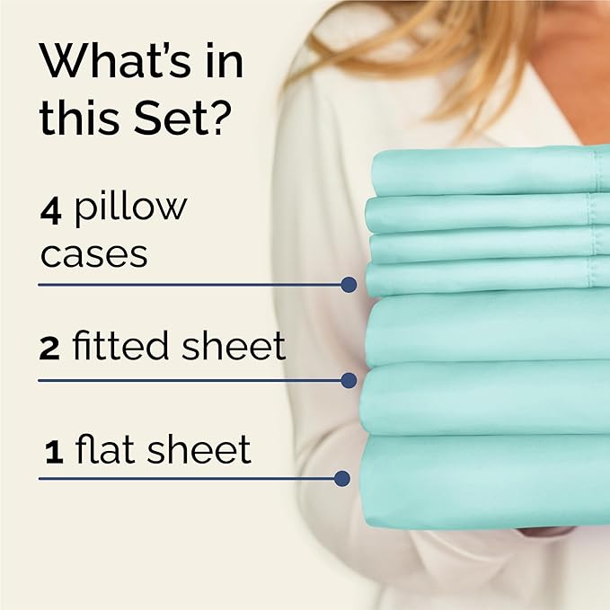Split King 7 Piece Sheet Set - Comfy Breathable & Cooling - Soft Hotel Luxury Bedding Set with 8-16 Inch Deep Pockets - 1 Flat & 2 Fitted Sheet & 4 Pillowcases - Wrinkle Free & Easy Care - Spa Blue