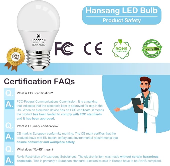 hansang A15 LED E26 Small Light Bulb, Daylight 5000K, 60Watt Equivalent Ceiling Fan Light Bulbs, E26 Standard Base Appliance Light Bulb, 600 Lumen, CRI85+, Eye Protection, 120V, Non-Dimmable 6 Pack