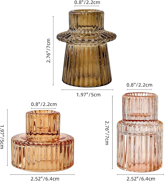 Brown Candlestick Holders 6PCS for Tealight Candle Stick Candles, Ribbed Glass Taper Candle Holders Set, Table Centerpieces for Thanksgiving Christmas Farmhouse Decor Indoor and Outdoor