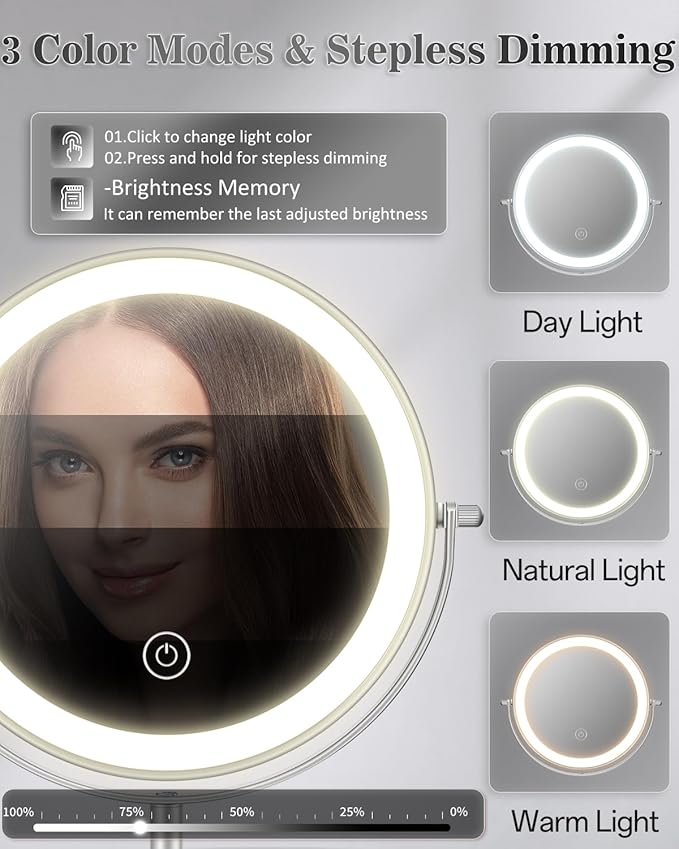Makeup Mirror with Lights, 1X/30X Lighted Magnifying Mirror Height Adjustable, 3000mAh Rechargeable Double Sided Vanity Mirrors with 3 LED Lighting and Adjustable Brightness for Desk Women Gift