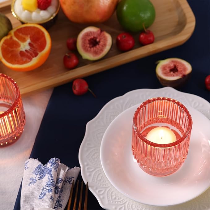 8 Pcs Large Lavender Votive Candle Holders, Tealight Ribbed Candle Holders Glass, Brildal Shower Table Decor,Wedding Centerpieces Table Decorations