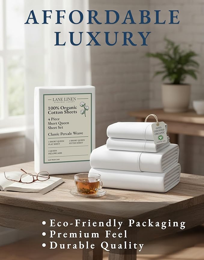 LANE LINEN RV Queen Sheets Set - 100% Organic Cotton Camper Sheet Sets 15" Deep Pocket Fitted (Short White)