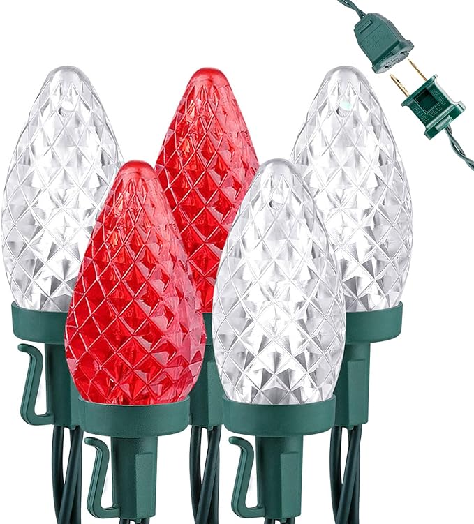 Brizled Red & White String Lights, 25 LED C9 Christmas Lights, Connectable Xmas Tree Light, Waterproof Strawberry String Light for Indoor Outside Tree Roof Garden Patio Pathway