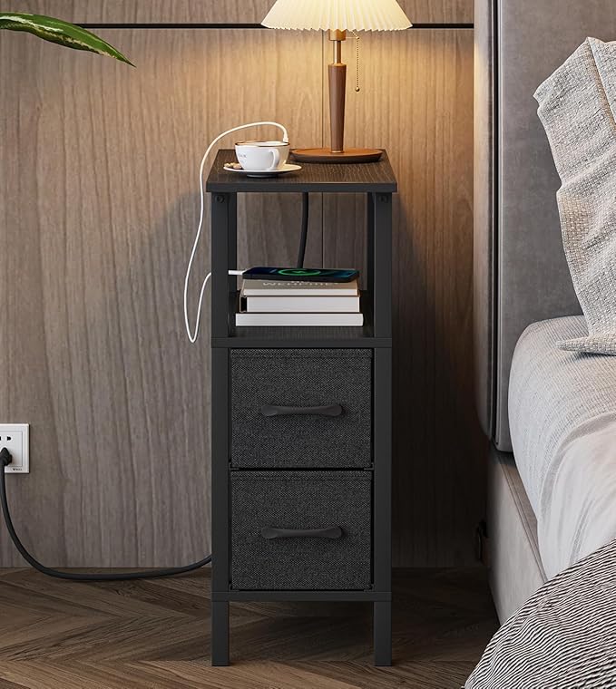 Narrow Side Table for Small Spaces, Skinny End Table with Charging Station, Sofa Beside Table with 2 Fabric Drawers and 1 Open Compartment, Slim Nightstand with USB Ports Outlet, Black UTBT004B