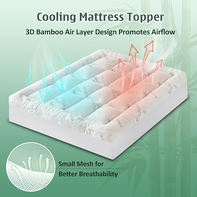 DOWNCOOL 3 Inch Memory Foam Mattress Topper Queen – Cooling Pillow Top Mattress Topper for Back Pain Relief, with Bamboo Viscose Air Layer, 1700 GSM Fill, Deep Pocket Fits 8–21 Inch