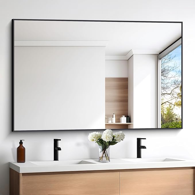 Black Bathroom Mirror for Wall, 60x40 Inch Rectangle Mirrors with Metal Frame, Modern Vanity Wall Mirror Decor for Entryway Hangs, Bathroom Living Room Horizontal or Vertical