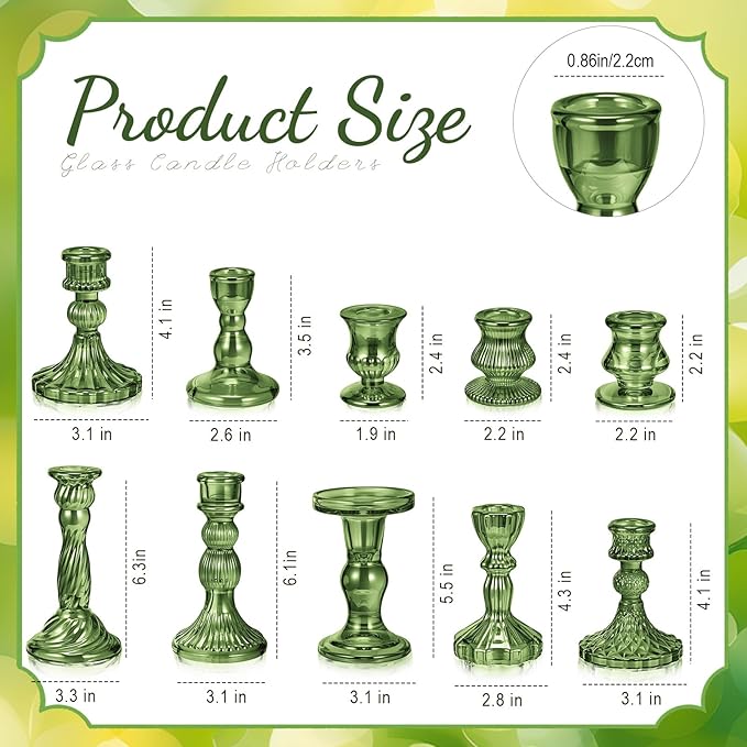 Mumufy 10 Pcs Glass Crystal Taper Candle Holders Clear Glass Candlestick Holder Fit 0.8 Inch Candles Crystal Decorative Candle Stand Centerpiece Table Wedding Dining Party (Classic,Green)