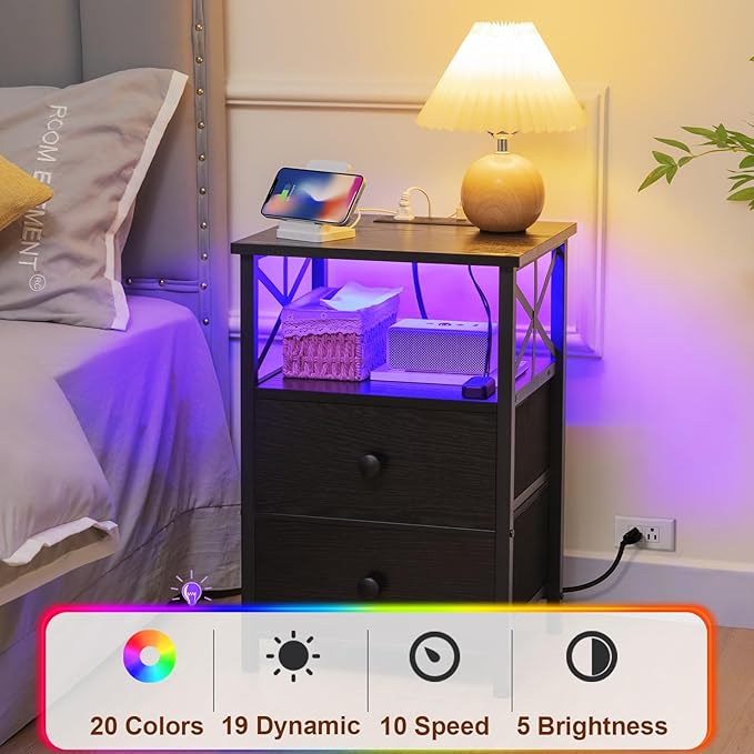 AMHANCIBLE Nightstand with Fast Charging Station, End Table Living Room with USB Charger 3-Port & 2-Power Outlet, Bedside Table with Fabric Drawers for Bedroom HET052LBK1