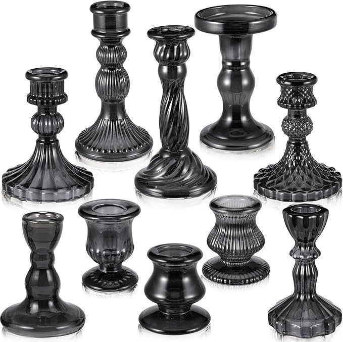 Mumufy 10 Pcs Glass Crystal Taper Candle Holders Clear Glass Candlestick Holder Fit 0.8 Inch Candles Crystal Decorative Candle Stand Centerpiece Table Wedding Dining Party (Classic,Black)