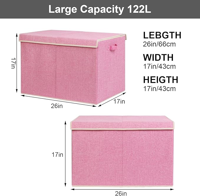 122L Large Toy Box Chest with Lid, Foldable Toy Storage Organizer Bin Boxes with Removable Divider for Kids, Boys, Girls, Nursery, Playroom, 26"x17" x17"(Linen Pink)