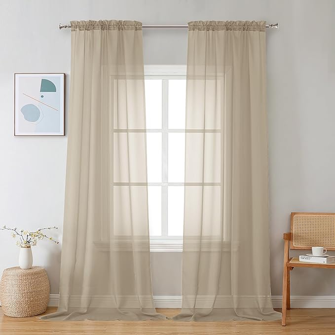 Chyhomenyc Taupe Sheer Curtains 96 inches Long 2 Panels, Light Filtering Soft Airy Solid Elegant Voile Window Treatment Drapes for Bedroom Living Room Wedding Party Decor, 42 Wx96 L, 8FT L