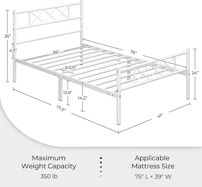 Yaheetech Twin Size Metal Platform Bed Frame with Simple Headboard and Footboard, Mattress Foundation for Under Bed Storage, Steel Slat Support, No Box Spring Needed, Easy Assembly, White