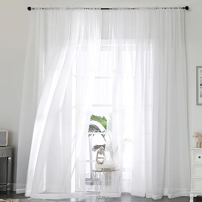 OWENIE Extra Long White Sheer Curtains 144 inch 2 Panels Set, Translucent Backdrop Window Scarf Drapes for Canopy Bed/Wedding/Living Room/Anniversary, 12FT Length, Each 59Wx144L in, 2PCS, White