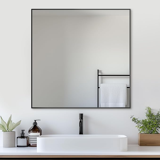 Antok Bathroom Mirror,36"x36" Wall Mirror, Decorative Mirrors Vanity Mirror Aluminum Alloy Frame Contemporary Hanging Mirror for Living Room Bathroom Entryway,Black,Rect Corner
