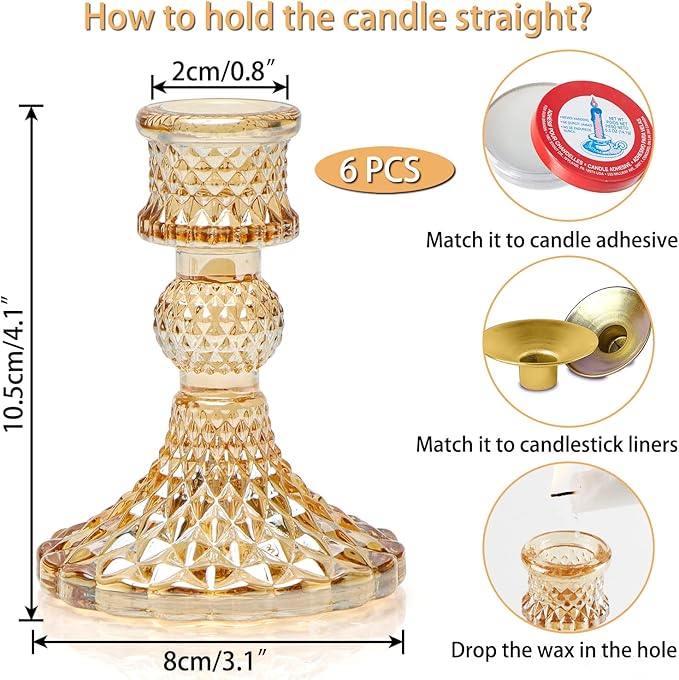 Taper Candlestick Holder Set of 6, Gold Candle Holders & Vintage Candlestick Holders, Glass Candle Holder for Table Centerpieces, Fall, Christmas, Autumn, Thanksgiving Decor