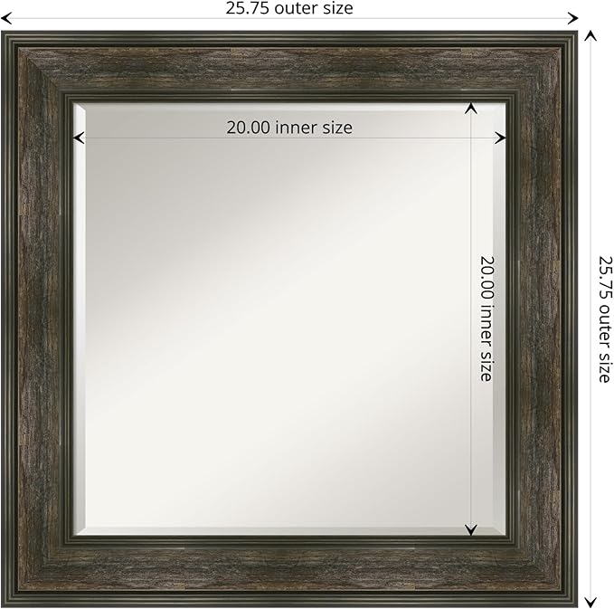Amanti Art Brown Bathroom Mirror for Over Sink, 26x26 Rail Rustic Char Square Vanity Mirror, Medium Country Rustic Frame, Hangs Horizonally and Vertically, Bathroom Wall Decor, Beveled Edge