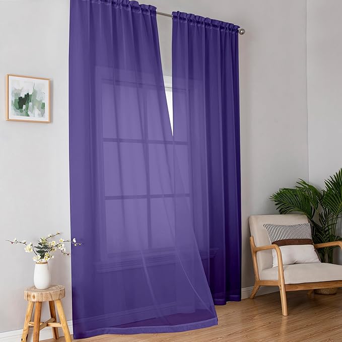 OWENIE Purple Sheer Curtains, Sheer Curtains 84 inch Length 2 Panels Set, Rod Pocket Voile Fimly Sheer Drapes for Living Room/Bedroom, 2pcs, Each 42" W x 84" L