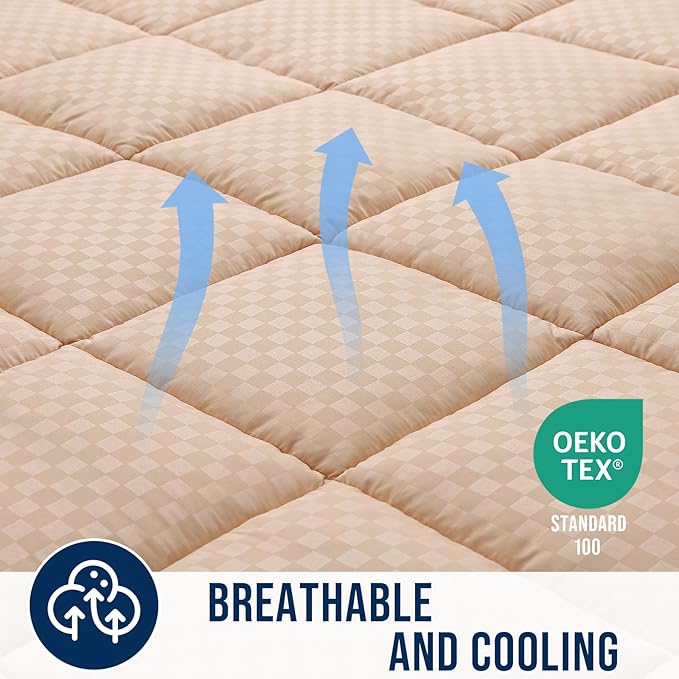 OLANLY King Quilted Fitted Mattress Pad – Soft Pillow Top Mattress Topper, Down Alternative Fill, Cooling Comfort Breathable Mattress Cover, Machine Washable Deep Pocket Mattress Protector, Beige