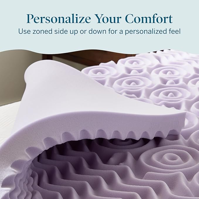 LUCID Lavender Infused 3 Inch Memory Foam Mattress Topper with 5 Zones – King Size – Plush Feel – CertiPUR Certified – Dorm Room Essentials