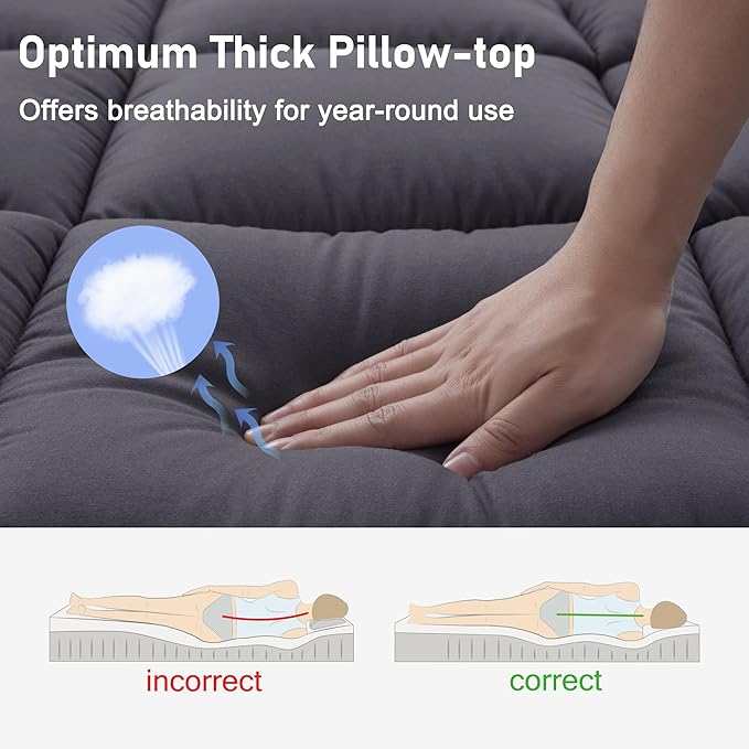 Twin Mattress Topper Extra Thick Pillowtop Cooling Plush Mattress Pad Cover Protector with 8-21 Inch Deep Pocket 3D Snow Down Alternative Fill Grey