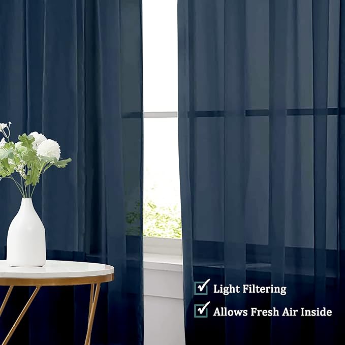 Chyhomenyc Sheer Curtains 72 Inch Length Set of 2, Rod Pocket Voile Drapes for Living Room, Bedroom, Window Treatments Semi Sheer Curtain Panels for Yard, Patio, Villa, Parlor, 42Wx 72L, Navy Blue