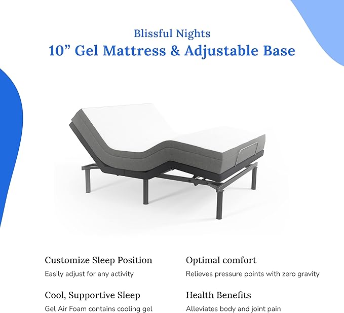 Blissful Nights e3 Cal King Split Adjustable Bed Base Frame with 10" Medium Firm Gel Infused Memory Foam Mattress