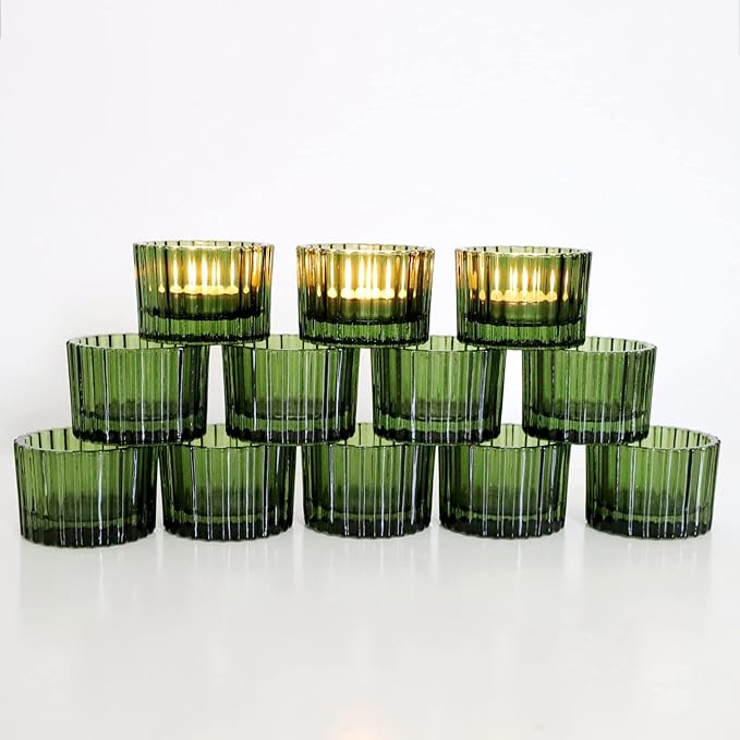 VOHO Green Tealight Candle Holder Set of 12, Glass Candle Holder for Wedding Table Centerpiece, Tea Lights Candle Holders Bulk for Home Decor(2''x 1.4'')