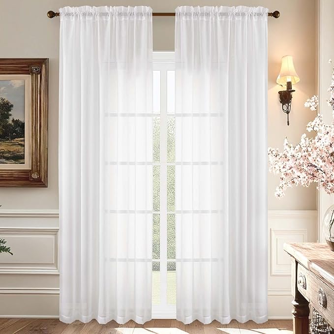 Aiyufeng White Sheer Curtains 90 Inches Long, Light Filtering Rod Pocket Solid Color Window Sheer Curtain Panels, Elegant Curtains & Drapes for Living Room, Bedroom 2 Panels (White, 59" W x 90" L)