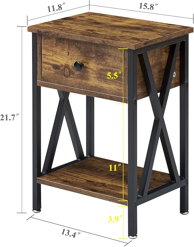 VECELO Nightstands Set of 2, Modern Bedside End Tables, Night Stands with Drawer and Storage Shelf for Living Room Bedroom, Industrial Metal Frame