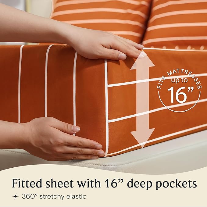 LuxClub 4 PC Sheet Set Bed Sheets Deep Pockets 16" Wrinkle Free Cooling Machine Washable Hotel Bedding Silky Soft - Striped-Autumn Orange Full