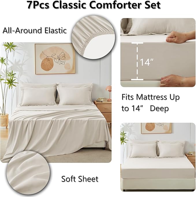 CozyLux California King Comforter Set Beige - Cal King Bed in a Bag 7 Pieces, Luxury Soft Bed Set for All Seasons, Bedding Set with Comforter, Sheets, Pillowcases & Shams
