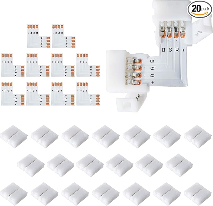 JACKYLED 20Packs L Shape 4-Pin LED Connectors with 22Pcs Clips 10mm for Strip Lights - 10mm 4pin