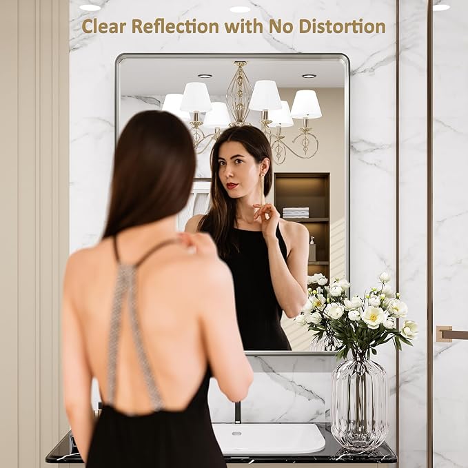 LOAAO 24X36 Inch Brushed Nickel Bathroom Mirror, Rounded Rectangle Silver Metal Frame Mirror, Brushed Nickel, Anti-Rust, Hangs Horizontally or Vertically