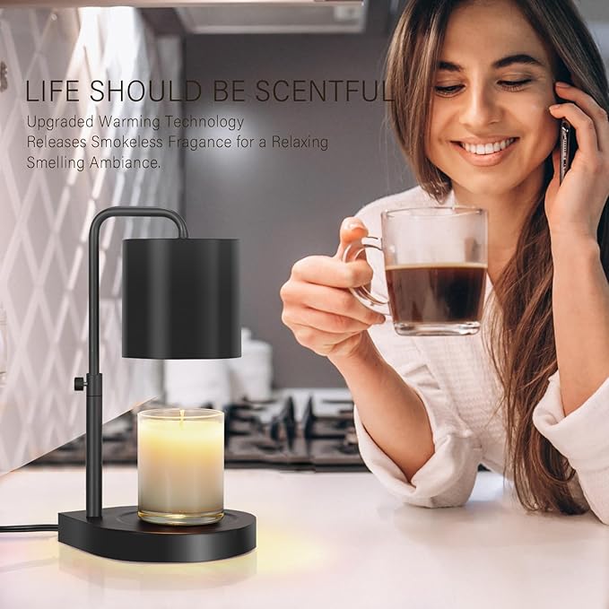 Candle Warmer Lamp Adjustable Height Dimmable with Timer Large Jar Candles Compatible - No Flame Scented Wax Warmer with 2 Bulbs - Mothers Day Gift - Black