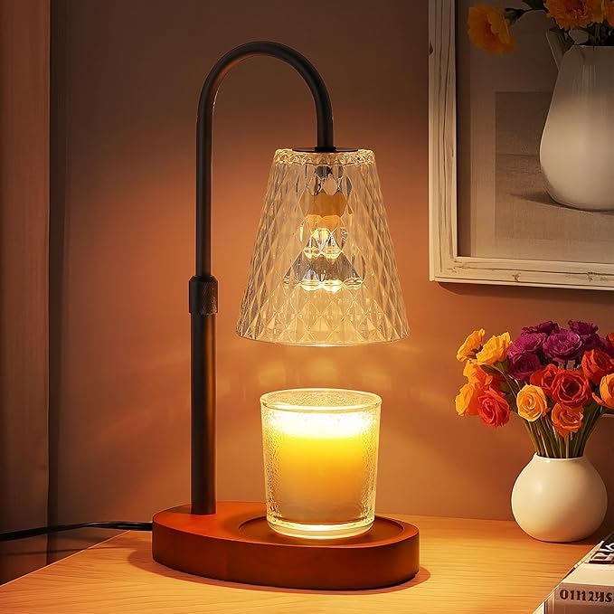 Candle Warmer Lamp with Timer: Electric Candles Warmers Adjustable Height Dimmable - Large Wax Candle Warmers Lamps Scented Flower Light - Home Decor Vintage Wood Base Shade Heat Modern Style Black
