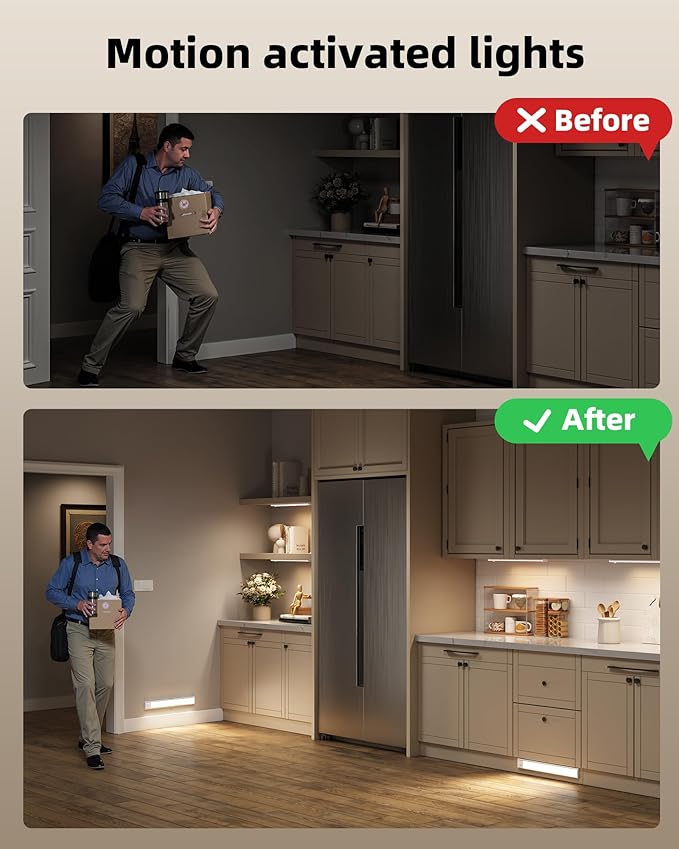 16inch Under Cabinet Lighting, 6Pack Rechargeable Motion Sensor Light Indoor, Magnetic Closet Lights with Dimmable & 3 Color Temps, Wireless Under Counter Lights for Kitchen, Stairs