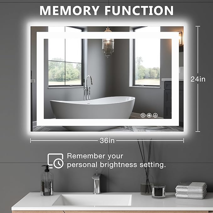 DUMOS 36"x 24" LED Bathroom Mirror with Lights, Dimmable Anti-Fog Front Lit Backlit Lighted Wall Mounted Rectangle for Vanity Makeup Memory Function Tempered Glass Shatter-Proof Horizontal&Vertically