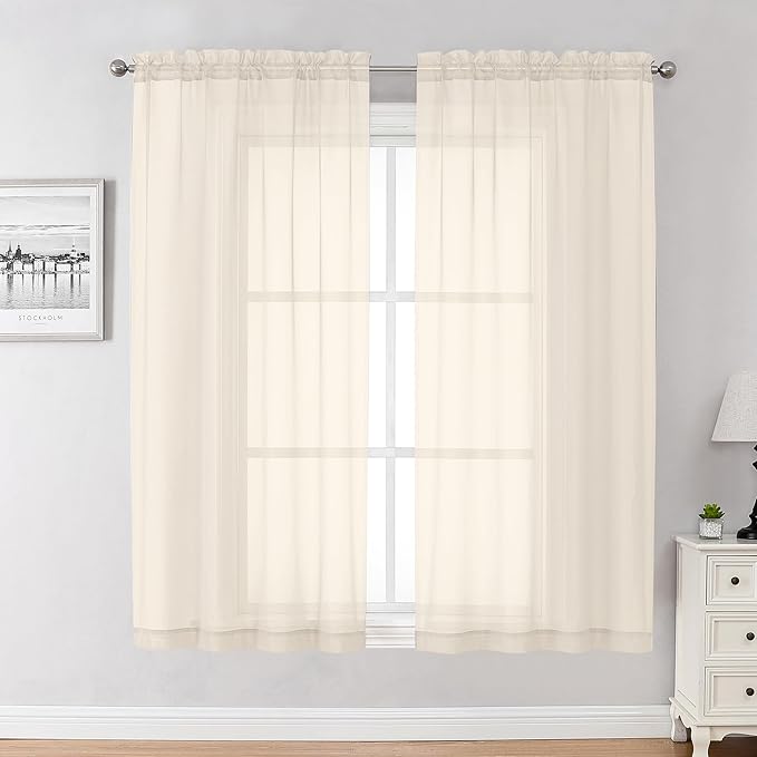 Chyhomenyc Cream Sheer Curtains 63 Inches Long 2 Panels Set- Light Filtering Curtains for Bedroom, Soft Airy Voile Rod Pocket Living Room Window Drapes, 42Wx63L Inches, 2 PCS
