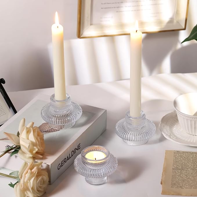 Candle Stick Candle Holder Set of 8, Taper Candle Holders for Wedding Table Centerpiece, Ribbed Glass Votive Candle Holders for Christmas, Romantic Dinner, Festival & Windowsill Decor