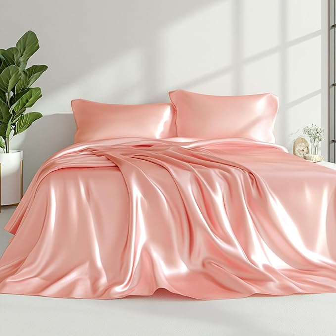 Love's cabin Satin King Sheet Sets - 4 Piece Coral Silky Sheets King Size Bed Set with Deep Pocket, Luxury Silk Feel King Size Satin Sheet Set (1 Flat Sheet,1 Fitted Sheet,2 Pillow Cases)