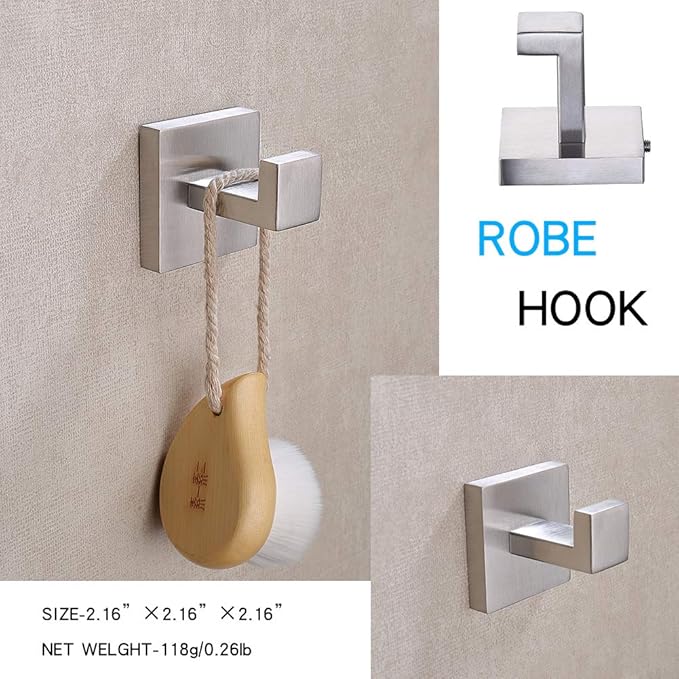 TASTOS Bath Towel Hooks Brushed Nickel, 2 Pack Stainless Steel Robe Coat and Clothes Hook, Heavy Duty Wall Hook for Bathroom & Kitchen, Modern Square Style Wall Mounted (Silver)