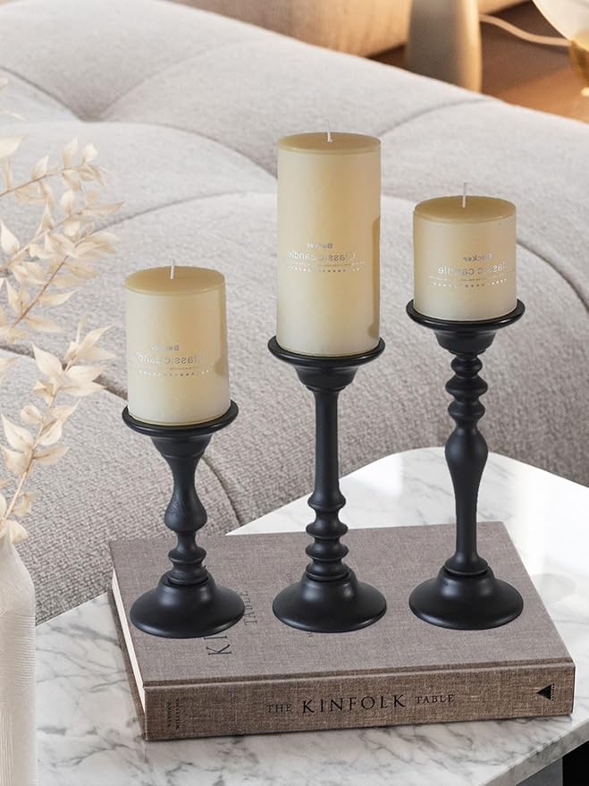 Pillar Candle Holders Set of 3,Black Modern Candle Holders for Pillar Candle Jar Candles,Tall Wood Candle Holder for Farmhouse Decor
