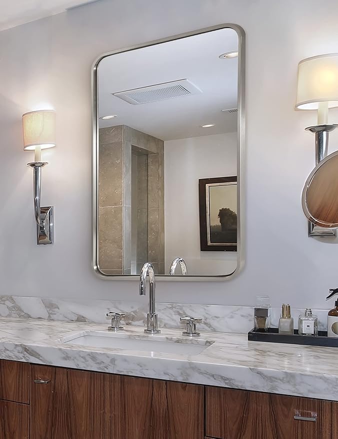ANDY STAR 22x30'' Brushed Nickel Bathroom Mirror, Rounded Rectangle Brushed Silver Mirror for Bathroom Vanity SUS304 Metal Tube Framed(Rustproof) 1’’ Deep Wall Mounted Vertically/Horizontally